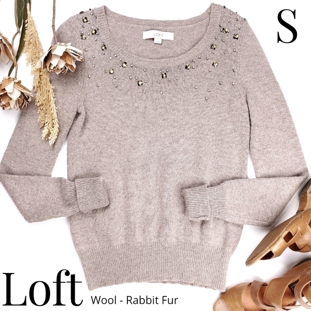 LOFT Tan Wool Rabbit Fur Blend Bedazzled Sweater Sz S